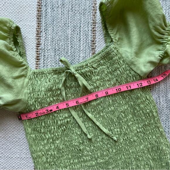 Faithfull The Brand Green 100% Linen Short Puff Sleeve Smocked Mini Dress 8 - Picture 8 of 16